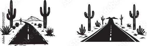 Silhouette Desert Road Scenes with Cactus and Mountains Vector Set
