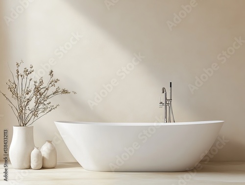 Modern, minimalist, beige bathroom with freestanding tub
