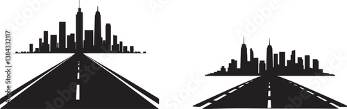 Silhouette City Skyline with Roads Leading to Urban Center Vector Set