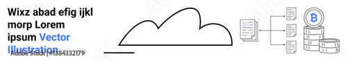 Cloud outline connected to blockchain coin and stacked coins via data blocks and file nodes. Ideal for technology, finance, blockchain, cloud computing, data storage, decentralization, simple landing