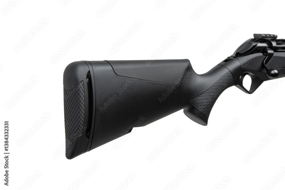 A black rifle stock with a textured ergonomic grip and modern design, isolated on a white background. A black rifle stock with a textured ergonomic grip and modern design, isolated on a white background.