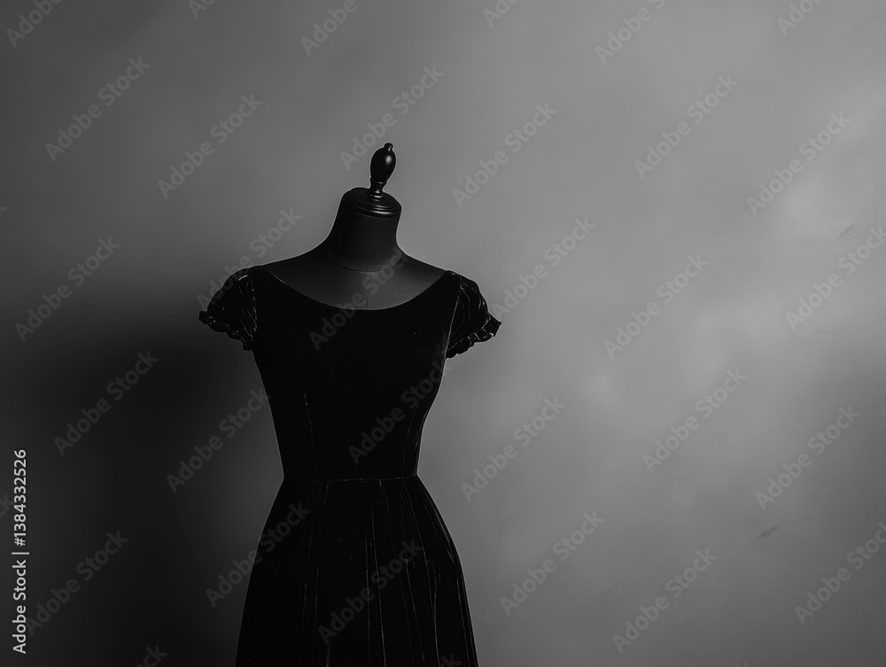Velvet black dress on mannequin with studio lighting and negative space on right