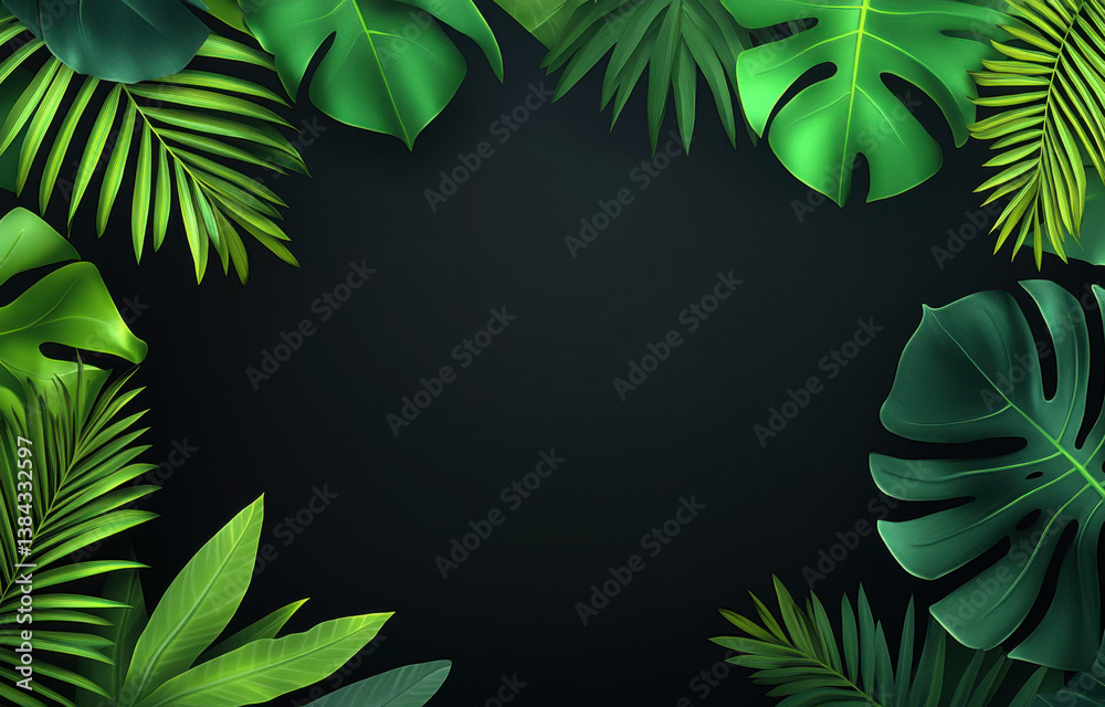 Naklejka premium Lush green leaves frame dark background, creating vibrant and tropical atmosphere. arrangement includes various palm and monstera leaves, evoking sense of nature and tranquility