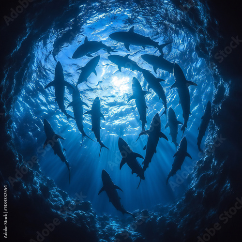 A group of sharks swimming in a circular formation, their powerful bodies moving in sync