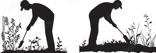Silhouette of a person clearing out dead plants from a garden bed in spring