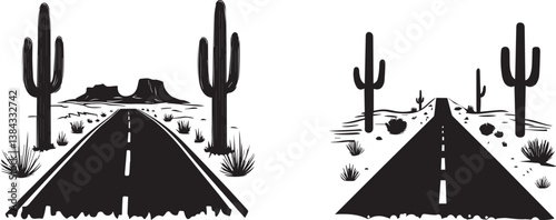 Silhouette of a desert road with cacti on either side