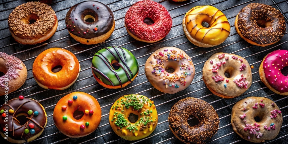 Fototapeta premium Colorful Donut Grid: Delicious Assorted Donuts on Dark Background - Food Photography
