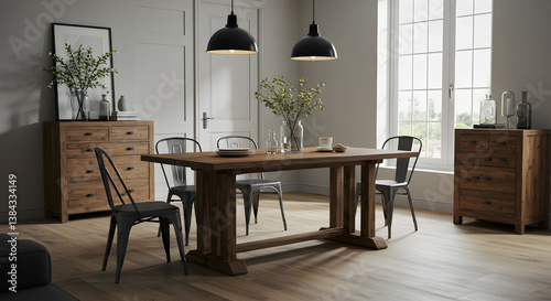 Elegant Dining Space Featuring a Rustic Wood Table and Modern Metal Chairs photo