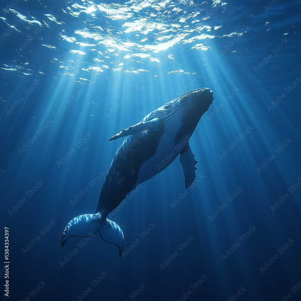 A majestic whale swimming through a vast underwater landscape, with sunlight piercing the water A majestic whale swimming through a vast underwater landscape, with sunlight piercing the water