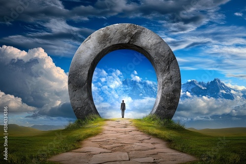 A person stepping through a portal into a world of infinite innovation and technological wonders
