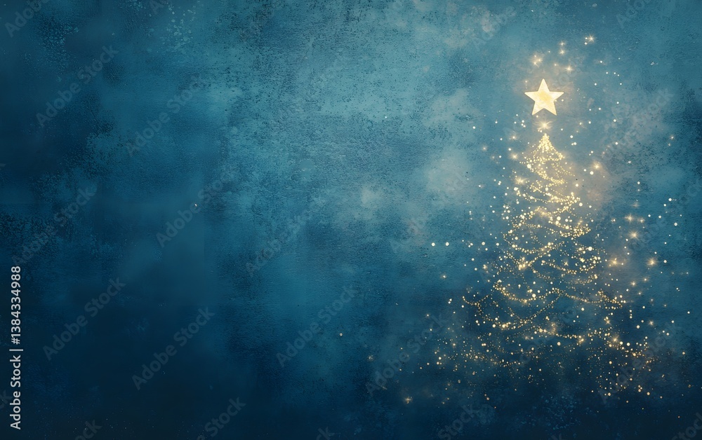 Obraz premium A blue background with a glowing Christmas tree, star, and swirls of light particles on the right side of it The Christmas tree is made from sparkling white lights space for text,