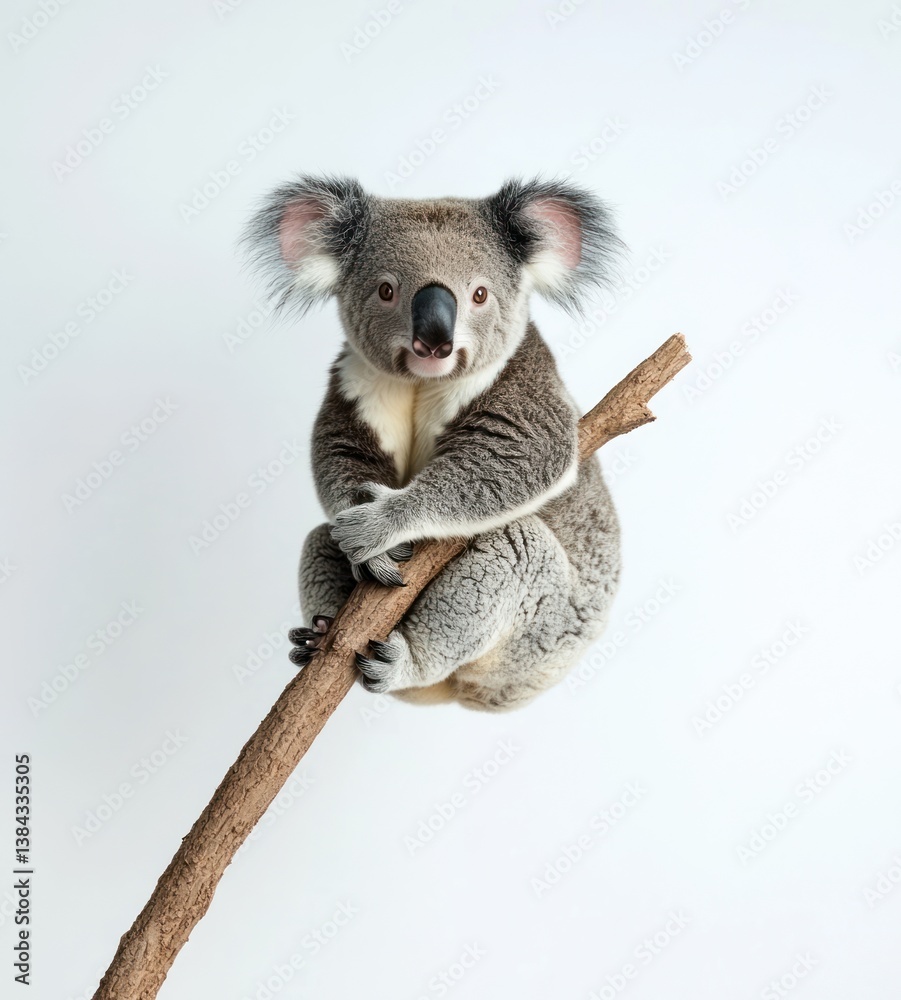 Obraz premium Koala on branch, studio shot, white background, wildlife photography, for children's books