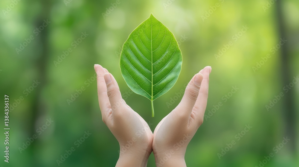 Nurturing nature's essence, a closeup of hands holding vibrant green leaf Nurturing nature's essence, a closeup of hands holding vibrant green leaf