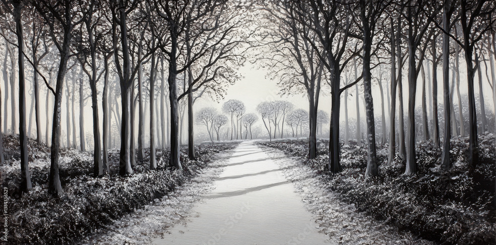 Fototapeta serene black and white landscape featuring tranquil pathway through forest. trees are tall and bare, creating peaceful atmosphere. light filters softly through branches, enhancing calmness