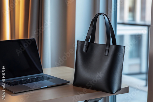 Elegant black tote bag beside a laptop on a modern table in a stylish office setting during the day