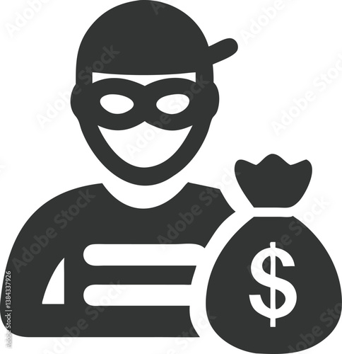 Cartoon Thief Silhouette with Eyemask and Money Bag Icon on Transparent Background