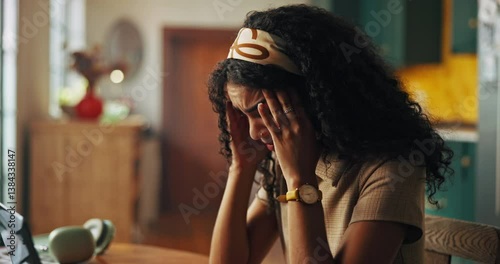 Headache, student and woman with laptop, home and stress for deadline of assignment or scholarship. Education, pain and person with migraine for exam, thinking and anxious for project, online or dorm