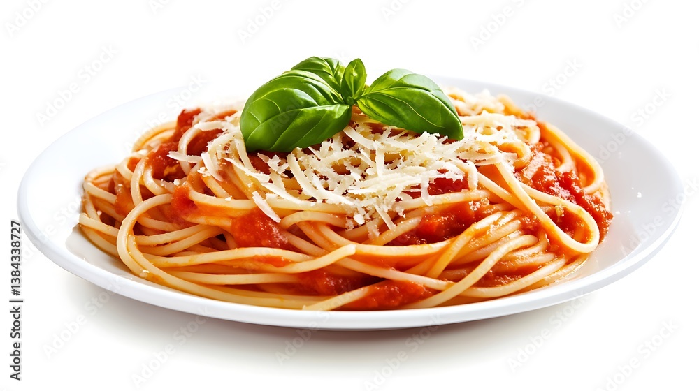 A festive National Spaghetti Day background featuring a plate of spaghetti with tomato sauce, topped with grated cheese and fresh basil, macro shot