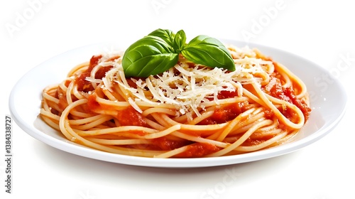 Obraz na płótnie A festive National Spaghetti Day background featuring a plate of spaghetti with tomato sauce, topped with grated cheese and fresh basil, macro shot w salonie