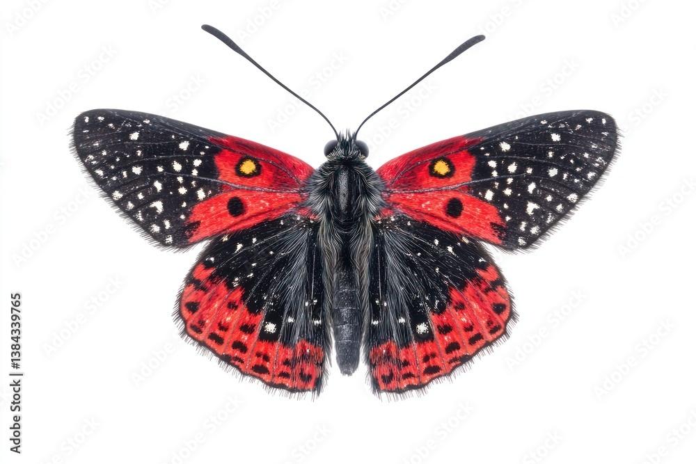 Obraz premium Red-black butterfly, studio shot, white background, insect illustration.