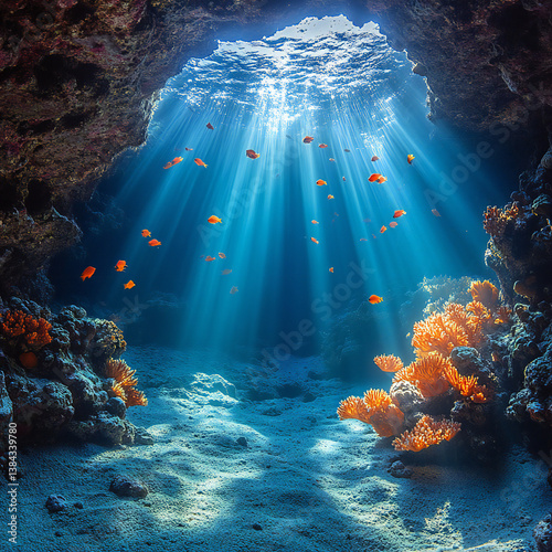Fototapeta Naklejka Na Ścianę i Meble -  A serene underwater cave with sunlight illuminating the colorful coral and marine life inside