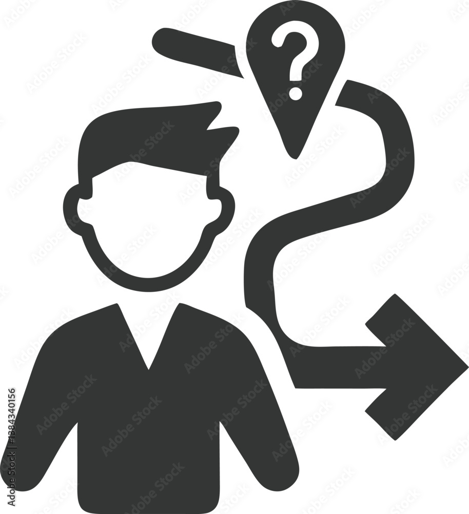 Obraz premium Grey Person with Question Mark Location Pin and Forward Arrow on Transparent Background