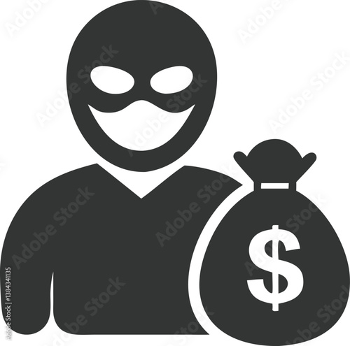 Isolated Thief Silhouette with Bag of Money Icon on White Background Design