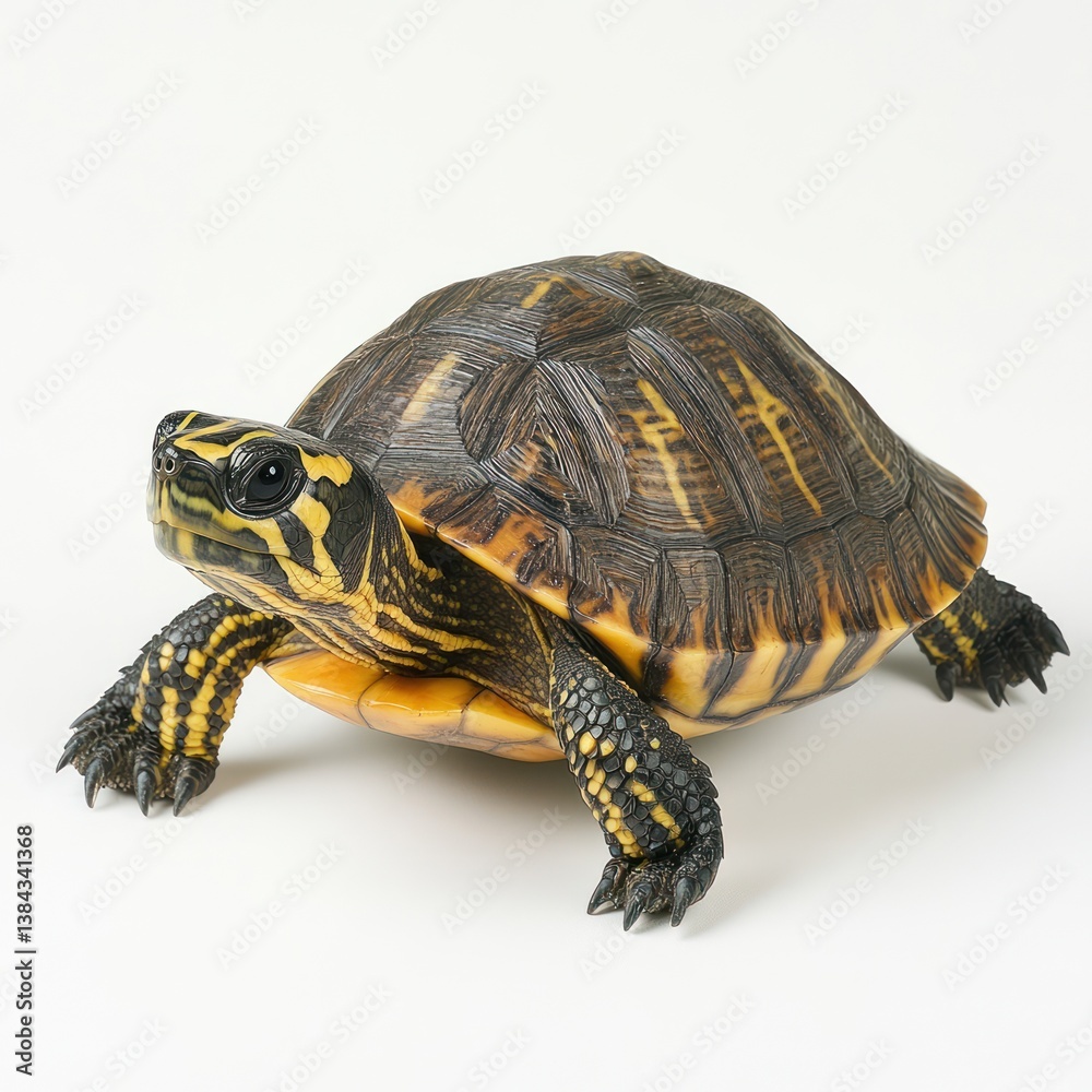 Obraz premium Yellow-bellied turtle crawling, studio shot, white background, reptile pet