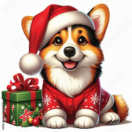 Cute Christmas Santa hat Cartoon Corgi Dog Vector Illustration isolated