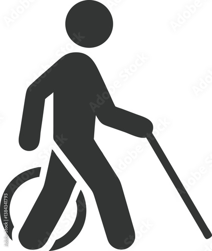 Low Vision Silhouette Icon Person Guiding with Cane and Guide Dog on Transparent Background