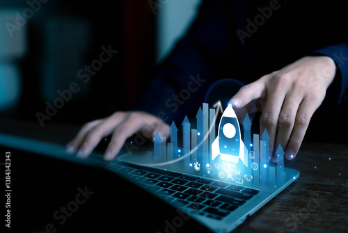 Slika na platnu Startup rocket, innovative ideas, business creativity, marketing, entrepreneurial investment