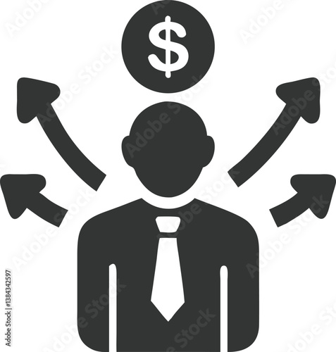 Man with Tie, Dollar Sign, Arrows, Finance Choices, Financial Options Icon