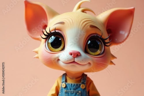 Adorable cartoon kitten in overalls,  large expressive eyes and a sweet smile, perfect for children's illustrations or animation projects.