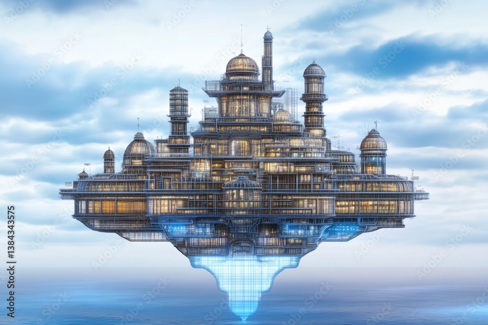 Fototapeta premium A surreal city built entirely on floating digital blueprints, representing breakthrough innovation
