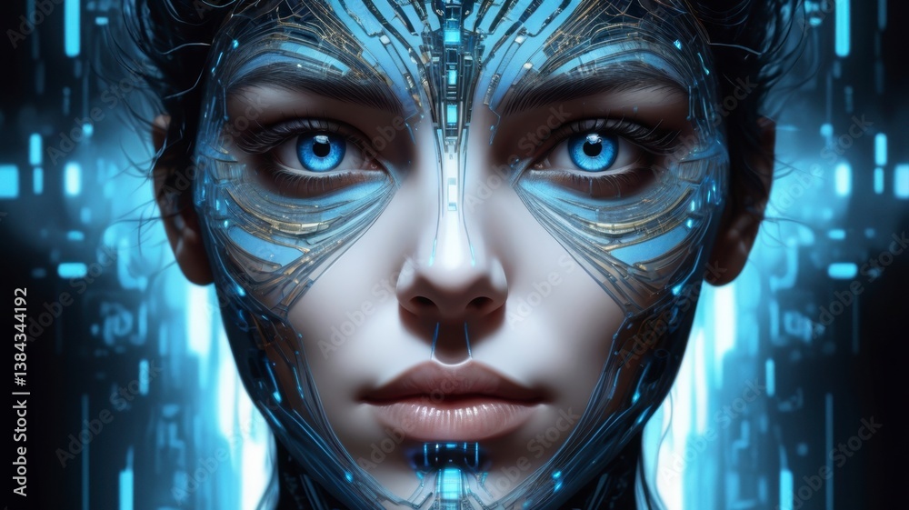 Striking image of a woman with a futuristic face capturing the essence of advanced artistry and technology in a hyperrealistic style evoking a sense of modernity and innovation Striking image of a woman with a futuristic face capturing the essence of advanced artistry and technology in a hyperrealistic style evoking a sense of modernity and innovation