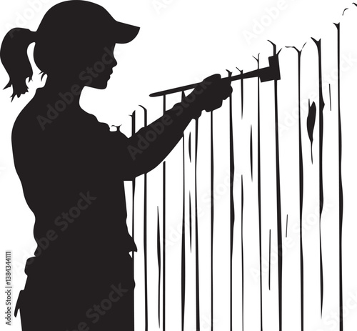 Silhouette of a person painting a backyard fence