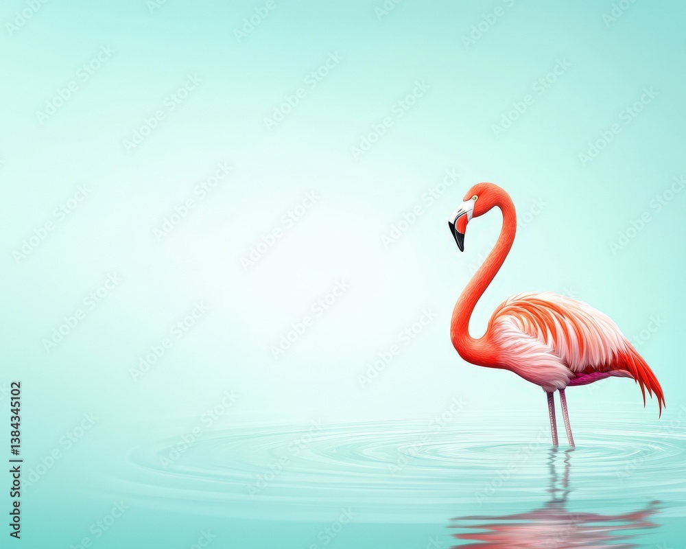Fototapeta premium A pink flamingo stands in a body of water. The image has a calm and serene mood