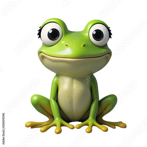 Adorable 3D Render of a Happy Green Frog Sitting, Cartoon Amphibian Character Illustration