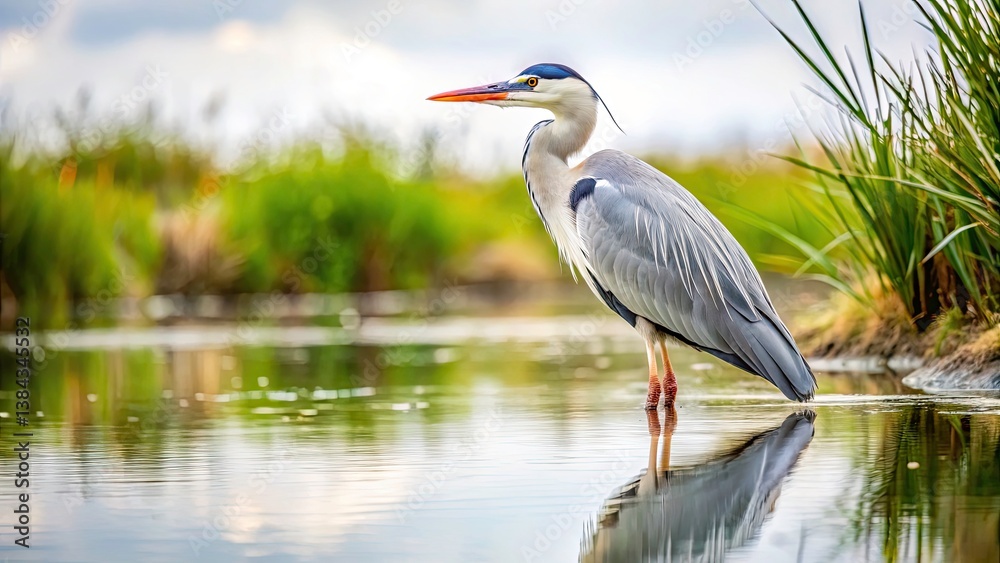 Fototapeta premium Gray Heron Pond Shore Bird Wildlife Photography Nature Image, Majestic Gray Heron by Water, Bird in Nature Habitat, Solitary Heron, Waterside Bird