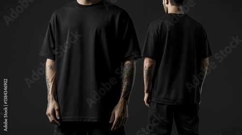 Black oversized tee mockup, studio shot, front & back views, dark background, apparel design
