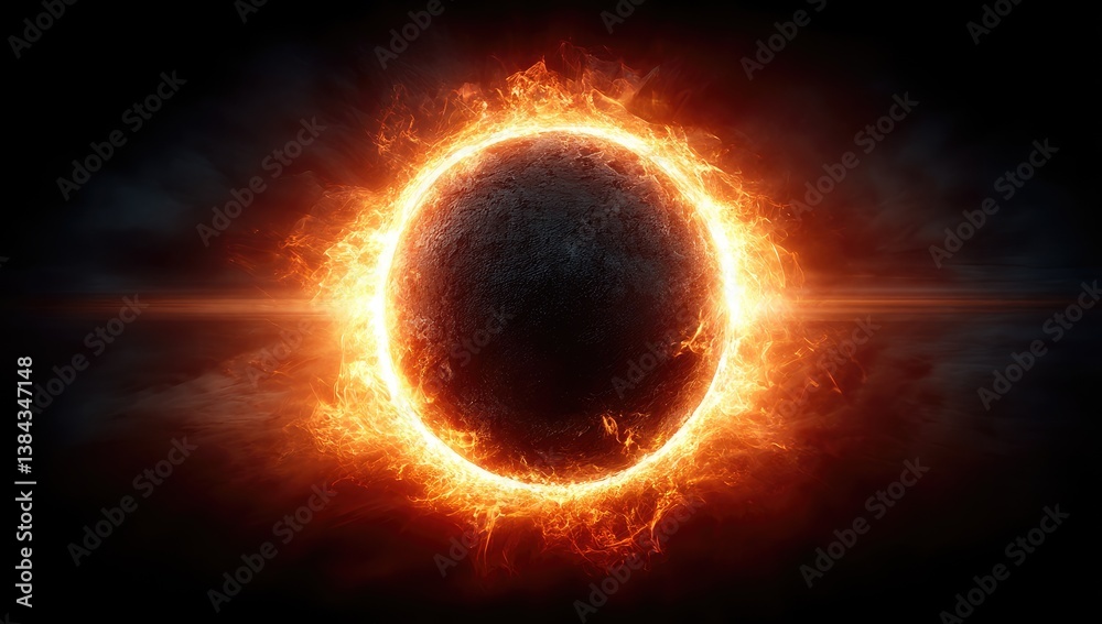 Fototapeta premium Fiery Ring Surrounding Dark Sphere in Smoky Space