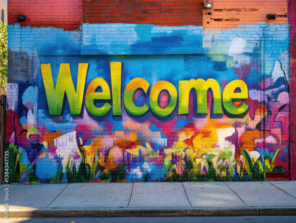 Welcome mural in downtown district with vibrant street lighting and copy space below