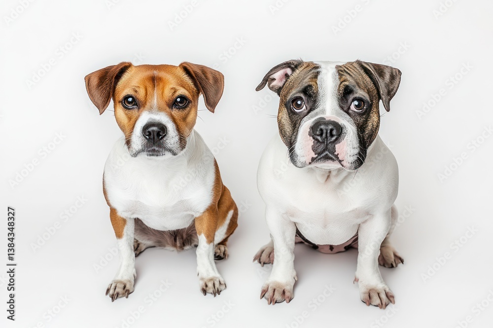 Two dogs sitting looking at the camera against a plain background for pet store ads Two dogs sitting looking at the camera against a plain background for pet store ads