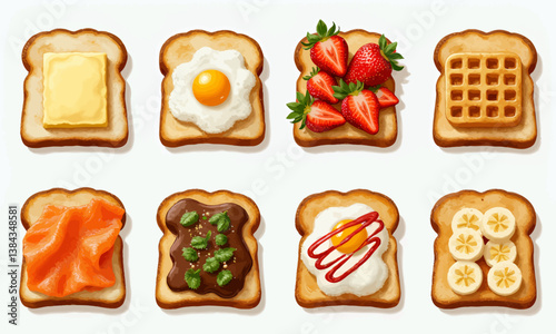 Toast Variety: Butter, Egg, Strawberry, Waffle, Salmon, Chocolate, and Banana