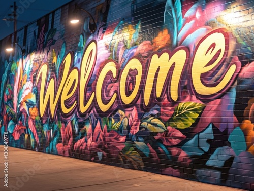 Welcome mural in urban park with vibrant graffiti and copy space on left