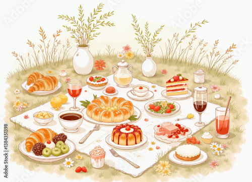 Pastry Picnic on a Blanket with Flowers and Beverages