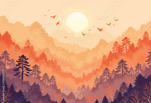 Orange Hues: Mountain Landscape with Birds and Rising Sun