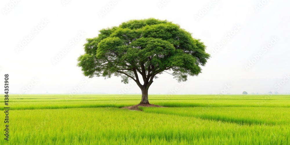 Obraz premium Minimalist Rice Paddy Tree Photography: Lone Tree in Rice Field at Sunset