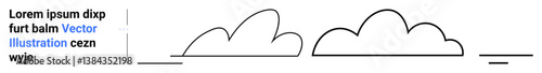 Abstract black-and-white cloud illustrations with horizontal lines and placeholder text. Ideal for branding, minimal design, weather theme, technical interface, app concepts, education, simple