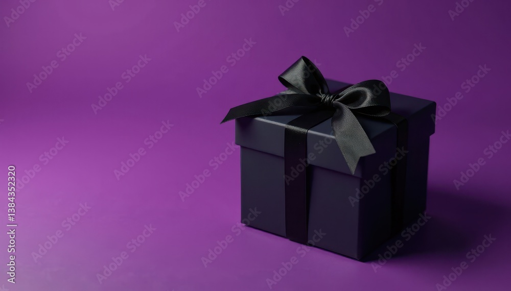 Obraz premium Black gift box with elegant black ribbon on deep purple background, Deep Purple Background, Black Decorations